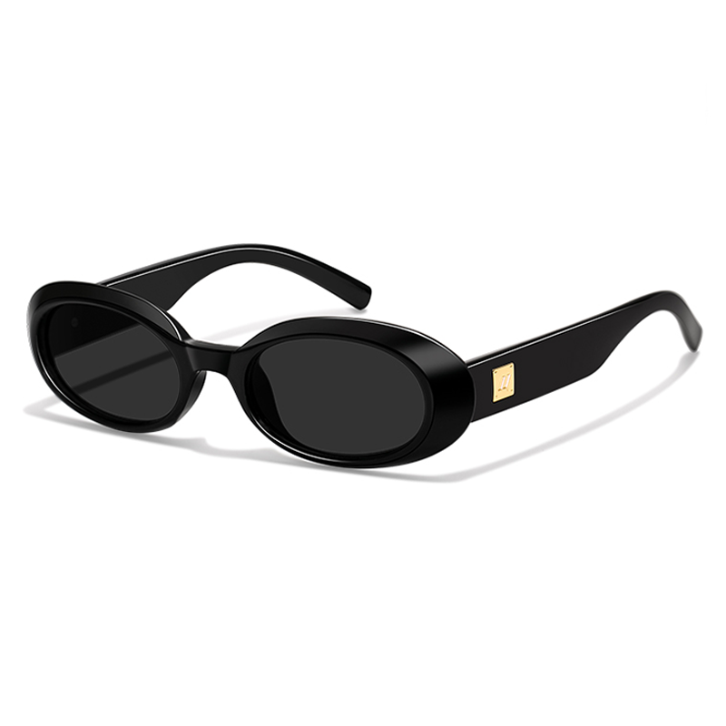 T03 Chunky Oval Sunglasses - Retro 90s Black Frame with Gold Logo Detail - Image 2