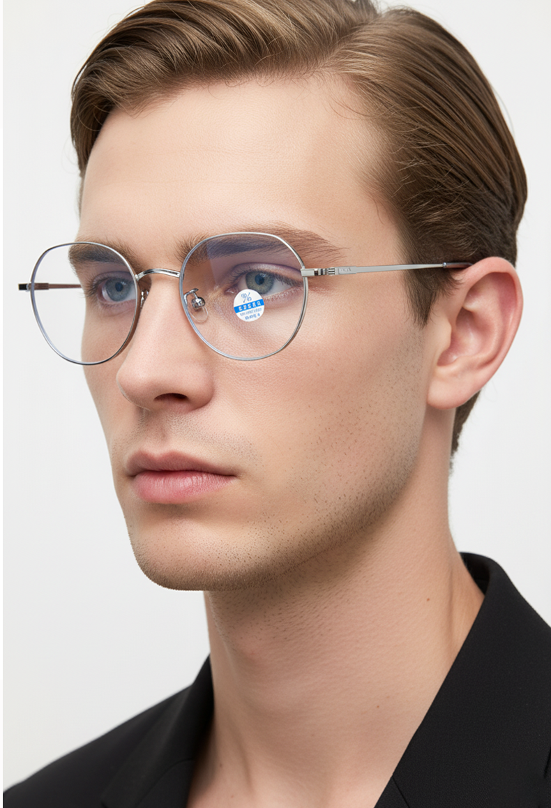 30829 Minimalist Geometric Round Anti-Blue Light Eyeglasses - Titanium Frame