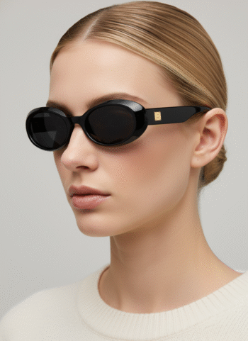 T03 Chunky Oval Sunglasses - Retro 90s Black Frame with Gold Logo Detail