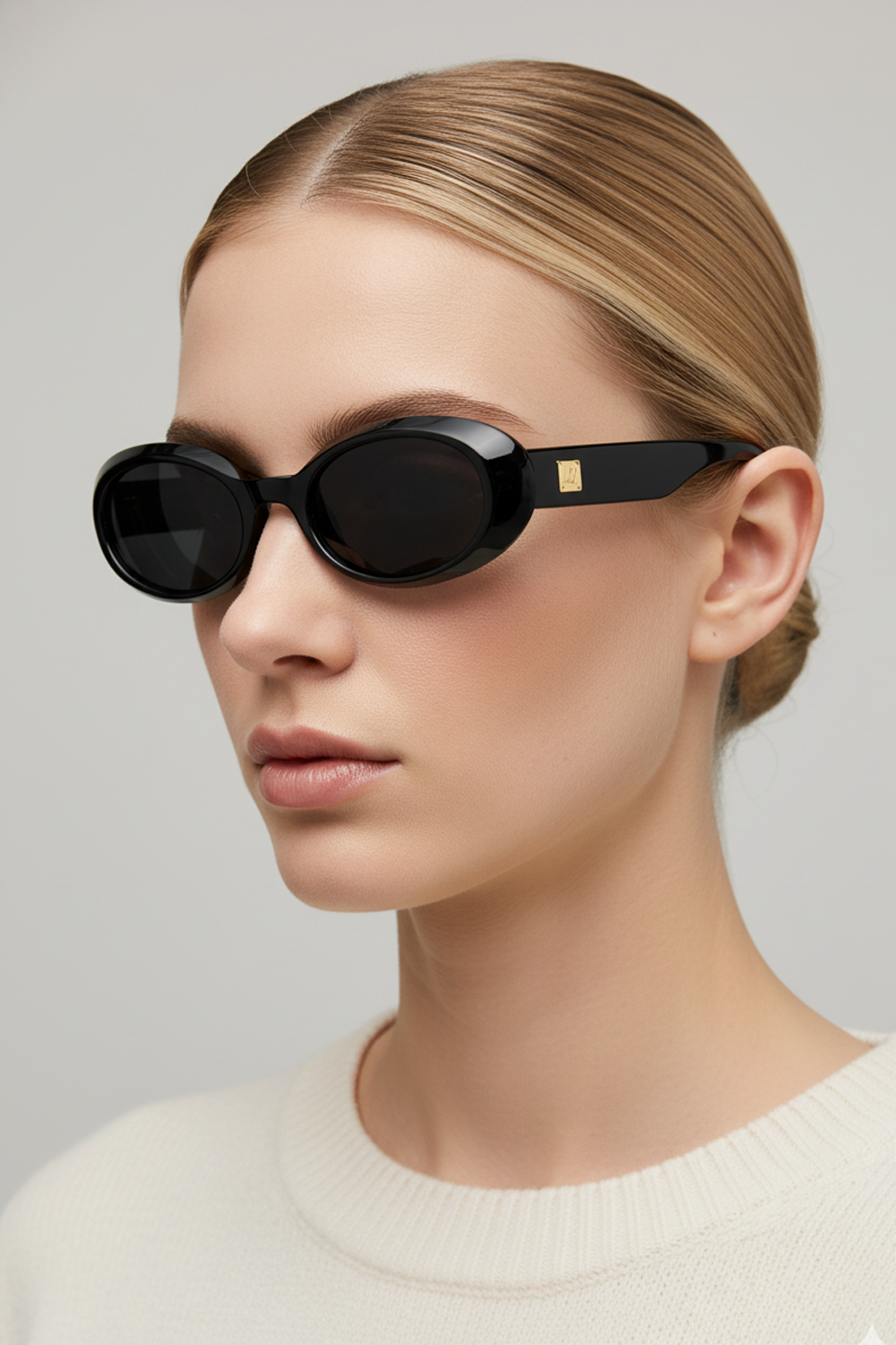 T03 Chunky Oval Sunglasses - Retro 90s Black Frame with Gold Logo Detail