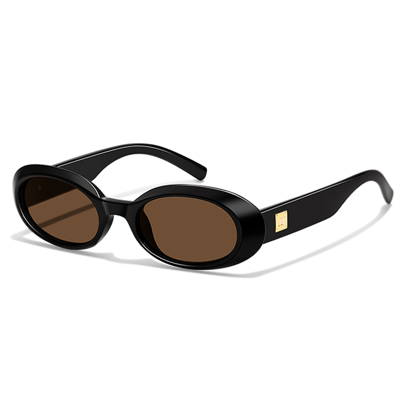 T03 Chunky Oval Sunglasses - Retro 90s Black Frame with Gold Logo Detail - Image 4